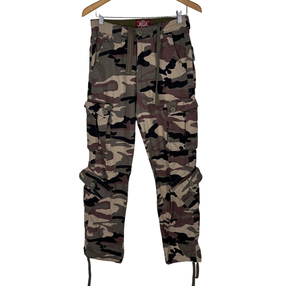 Matchstick Mens Camo Cargo Pants Brown Tan Multi Pocket Utility Trousers Size 28